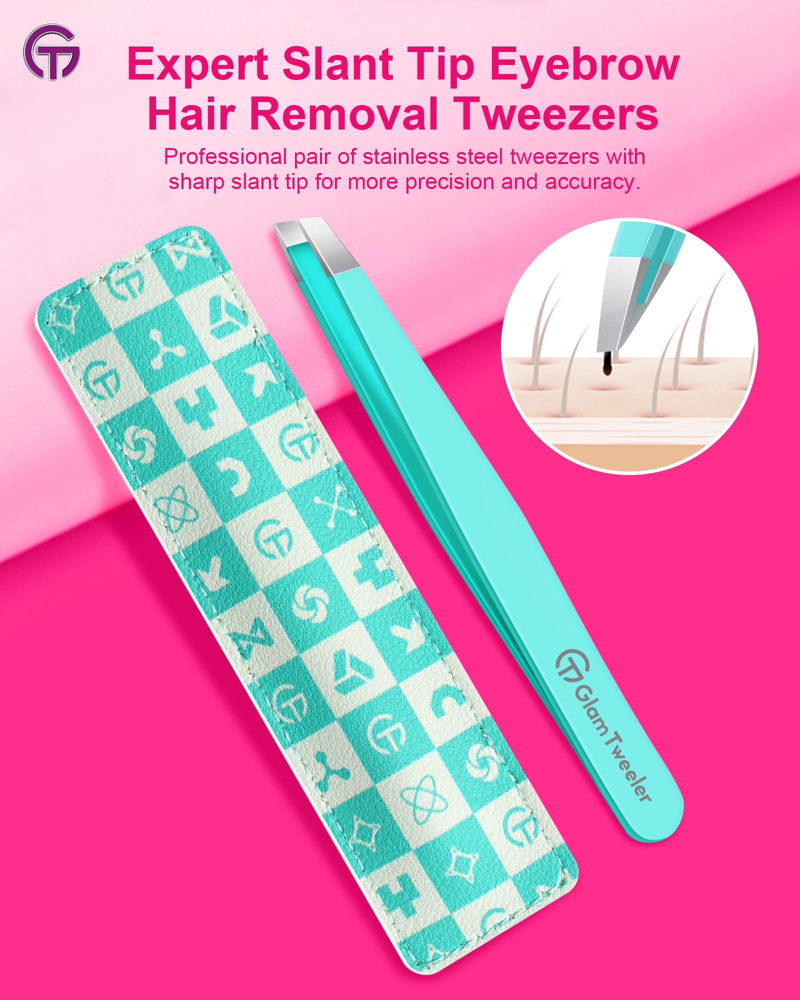 Expert Eyebrow Hair Removal Tweezer with Leather Case, GlamTweeler High Precision Slant Tip Stainless Steel Tweezers for Men and Women (Robin's Egg Blue)