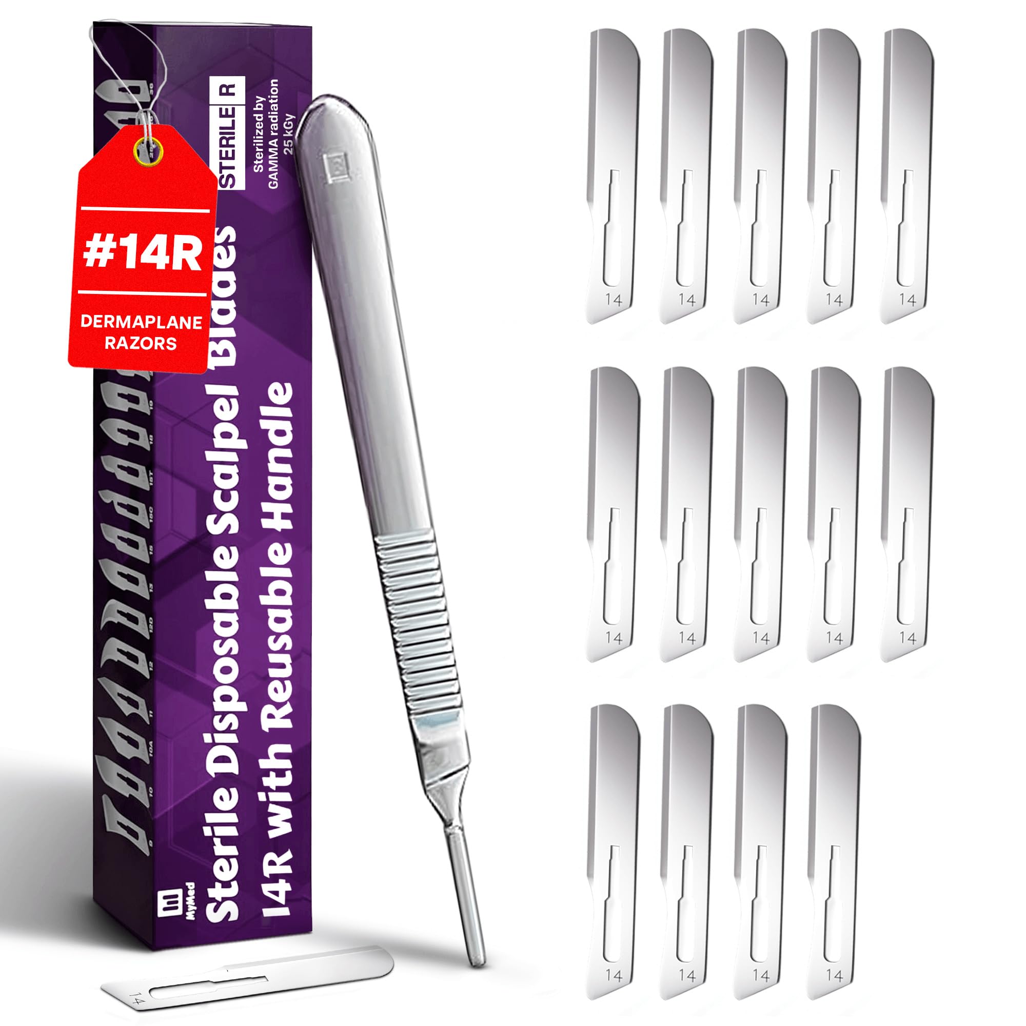 MyMed #14R Blades Dermaplaning Scalpels with Dermaplane Handle - Pack of 15 Dermaplane Razor for Women Face + Dermaplane Handle #3, Dermaplaning Tool for Face