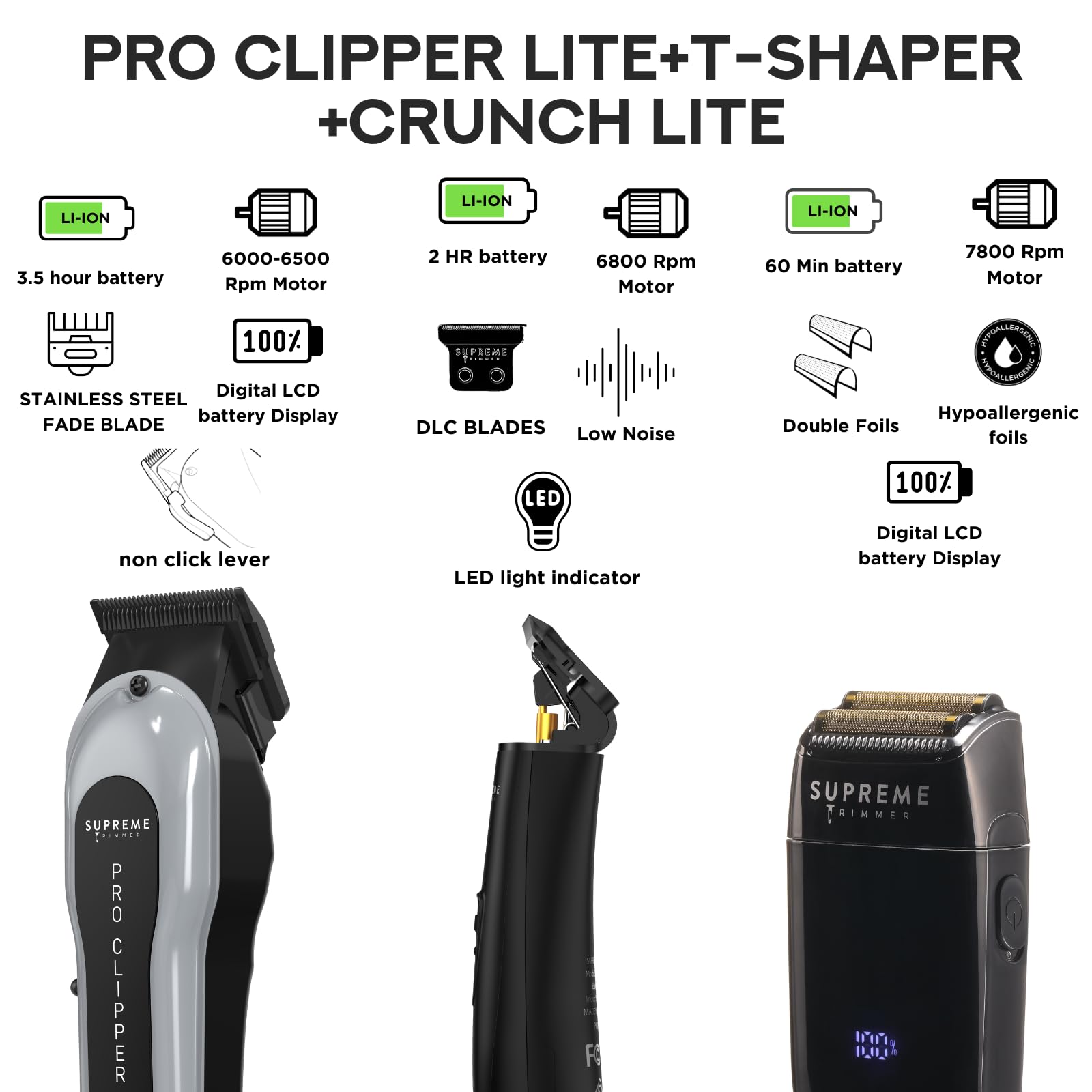 Supreme Trimmer 3-in-1 Barber Bundle | Pro Clipper Lite, DLC T-Shaper Trimmer, Crunch Lite Foil Shaver | Professional Beard Trimmer/Clipper Kit | Value Bundle 1