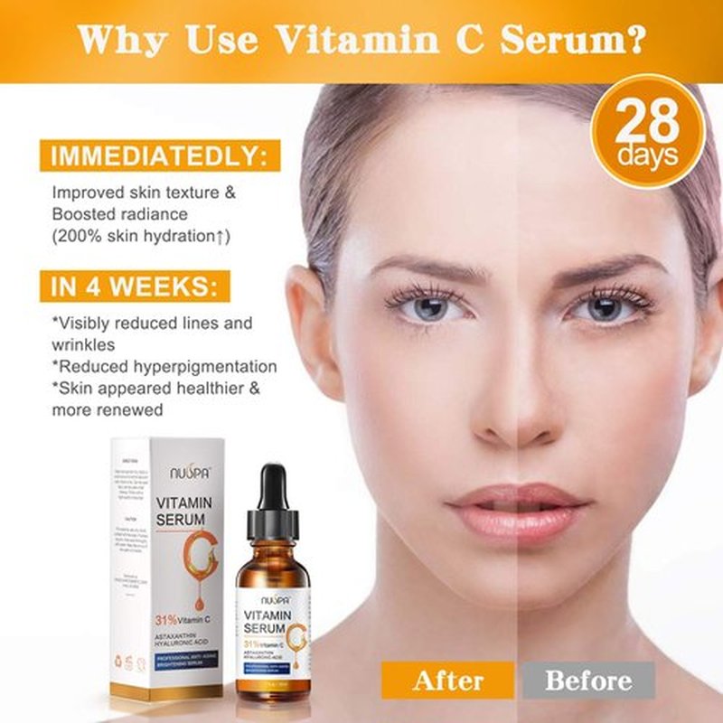 Organic Vitamin C Serum for Face 31% Vitamin C Facial Serum Anti Aging Serum Reduces Age Spots, Face Dark Spots, Sun Damage, Skin Brightening Facial Serums with Hyaluronic Acid and Astaxanthin