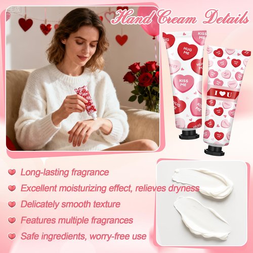 Demissle 36 Sets Valentine's Day Party Favor Gifts Galentine's Hand Cream Lip Balm Bulk Set Red Candy Heart Moisturizing Hand Lotion Exchange Basket Stuffer Bingo Gifts for Women Teacher Coworker