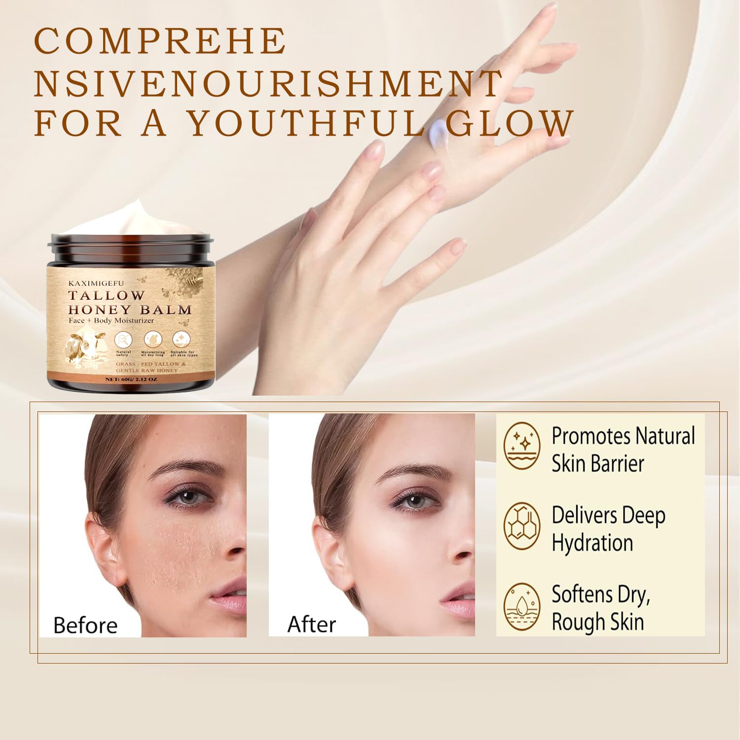 Beef Tallow for Skin - Organic Grass Fed Whipped Moisturizer with Honey Balm, Natural Hydrating Cream for Face & Body, Relief for Dry & Sensitive Skin