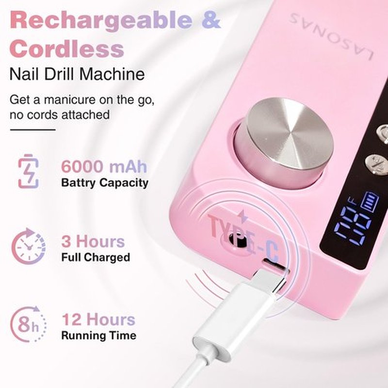 Electric Nail Drill Machine Professional, 35000 RPM Cordless Nail File, Portable Rechargeable Nail Drill and Bits for Acrylic Gel Nails Polishing Removing