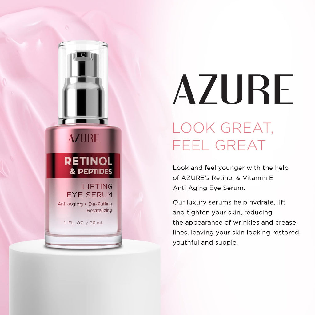 AZURE Retinol & Peptides Lifting Eye Serum - Anti Aging, De-Puffing & Revitalizing Dark Circle Corrector - Reduces Wrinkles, Fine Lines & Under Eye Bags - Skin Care Made in Korea - 30mL - 2 pack.