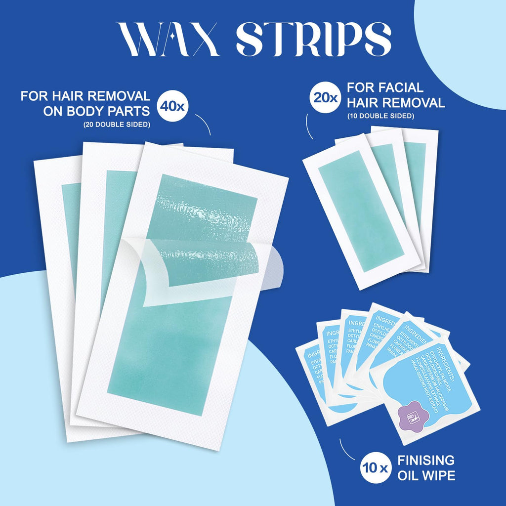 PLAYQUEEN Wax Strips Hair Removal Kit, 60 Count for Face & Body, 10 Wipes