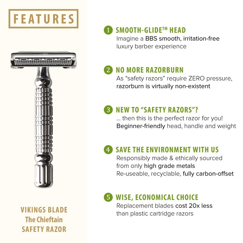 VIKINGS BLADE Double Edge Safety Razor for Men - Eco-Friendly, Smooth Shave + 5 Swedish Steel Blades + Luxury Case