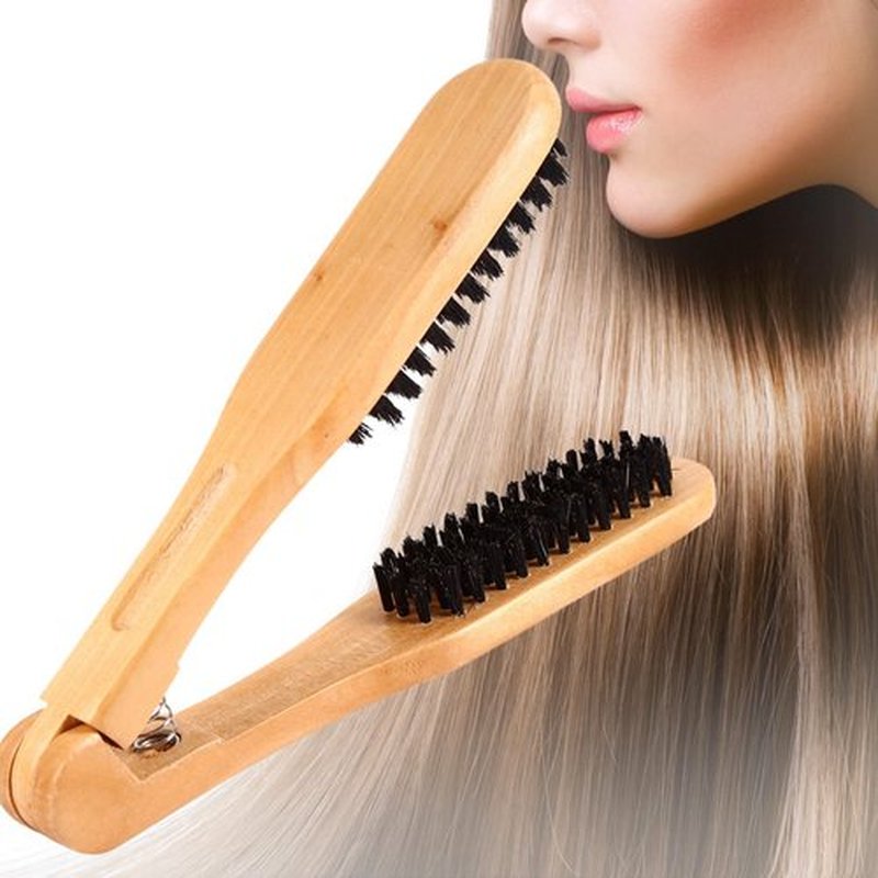 Chazcool Double Sided Bristle Hair Brush, Clamp Hair Brush Use for Smoothing and Straight Hair Styles, Wooden Hair Straightening Brush