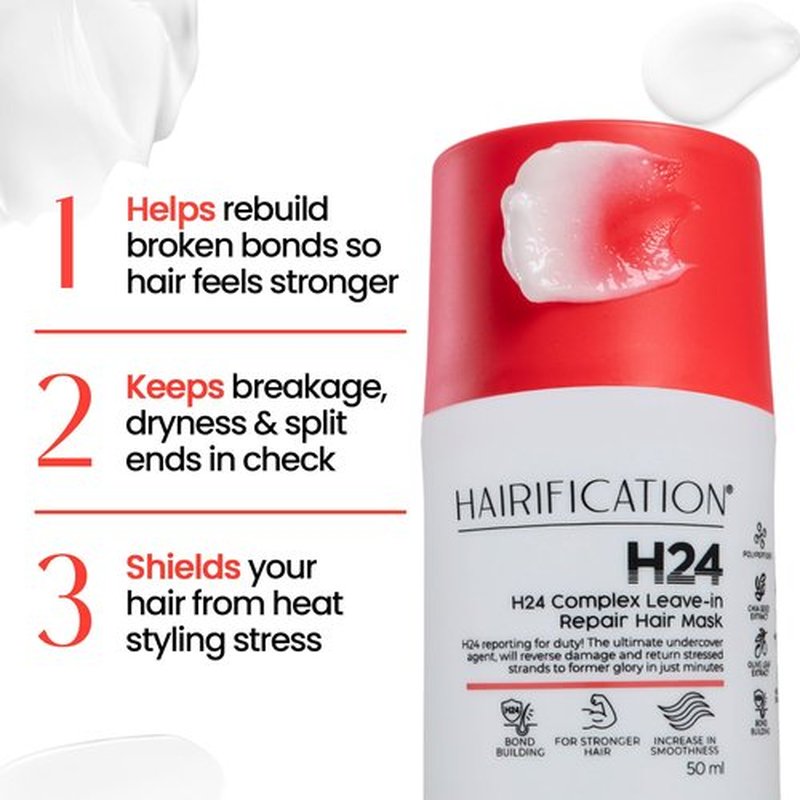 HAIRIFICATION H24 Leave-In Repair Hair Mask for Women, Leave-In Conditioning Treatment for Damaged, Dry or Chemically Treated Hair, Helps Protect from Heat Damage for Soft and Smooth Hair - 50ml