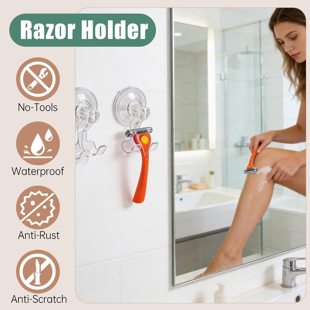Piszvbej 2 Pack Razor Holder Compatible with Billie, Shower Razor Holder for Wall, Powerful Suction Cup Shower Hooks, Damage-Free Wall Hooks, Removable, Easy to Install and Reuse, Clear