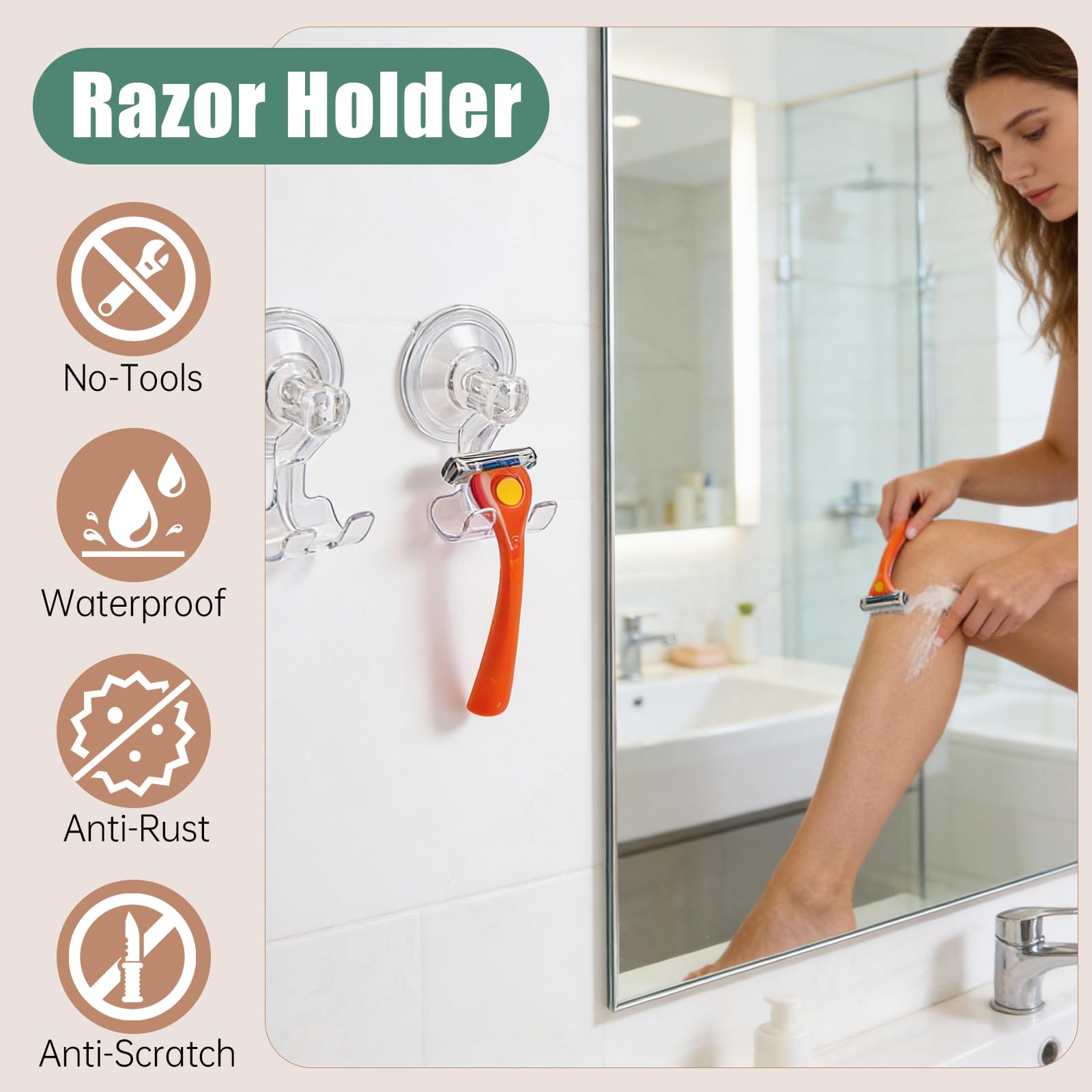 Piszvbej 2 Pack Razor Holder Compatible with Billie, Shower Razor Holder for Wall, Powerful Suction Cup Shower Hooks, Damage-Free Wall Hooks, Removable, Easy to Install and Reuse, Clear