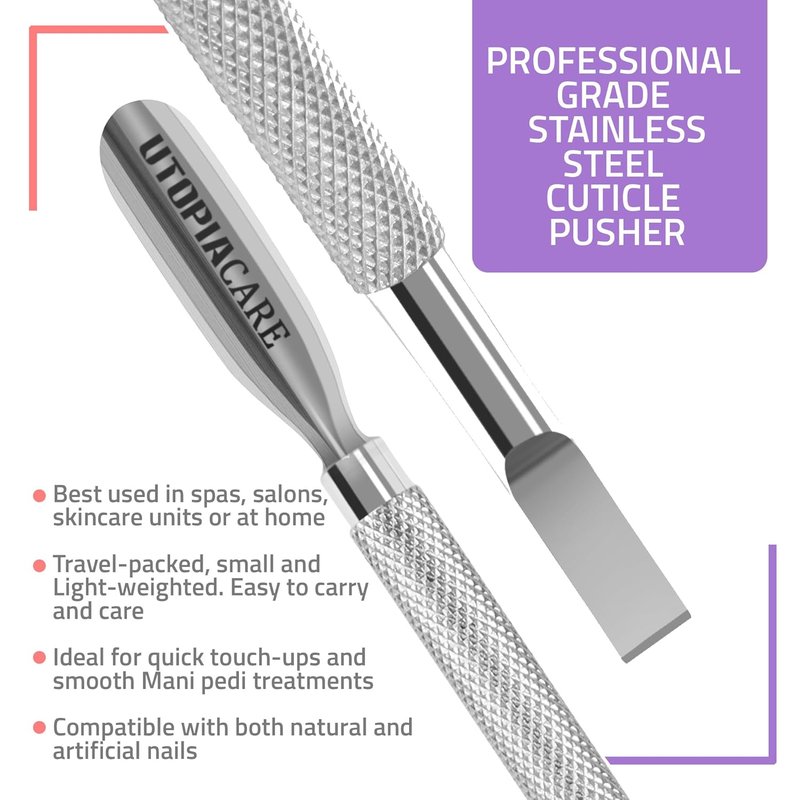 Utopia Care Cuticle Pusher Tool - Professional Stainless Steel Nail Cleaner & Remover | Durable Manicure & Pedicure Tool, Silver