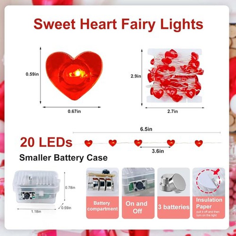 Skiennix Red Heart Fairy Lights - 7Ft 20 LED Twinkle String Lights | Battery Operated & Waterproof for Valentine's Day Decor