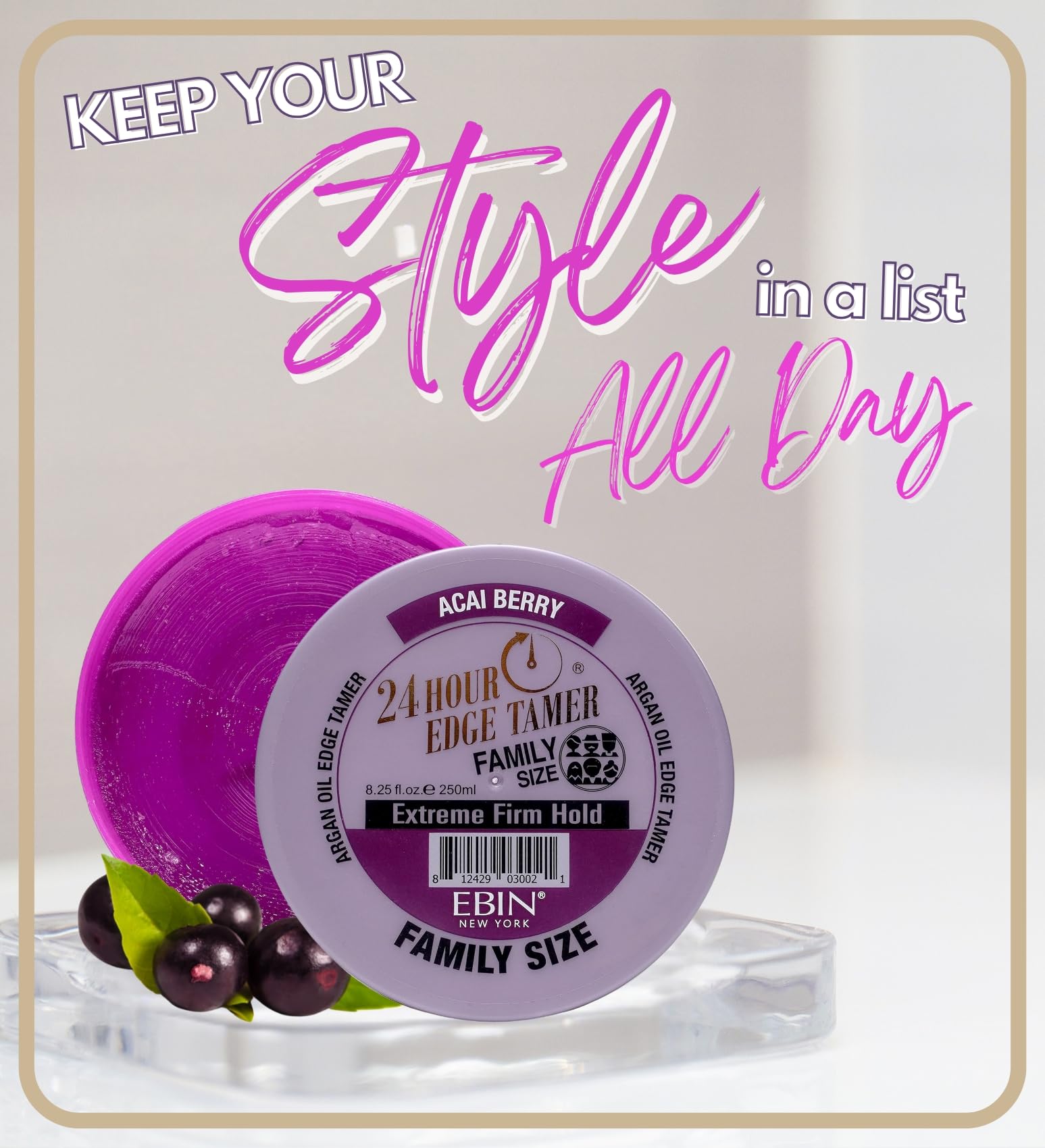 24 Hour Argan Oil Edge Tamer Refresh (8.25oz/ 250ml, Acai Berry) | Extreme Firm Hold, Smooths & Tames Frizz | No Flaking or Drying | High Shine, Long Lasting, All Hair Types, Styling Gel.