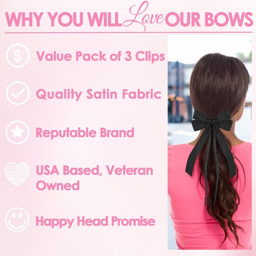 Styla 3 Piece Satin Hair Bow Clips: Metal Alligator No Slip Design, Double Long Tail Ribbons for Women & Girls - Black