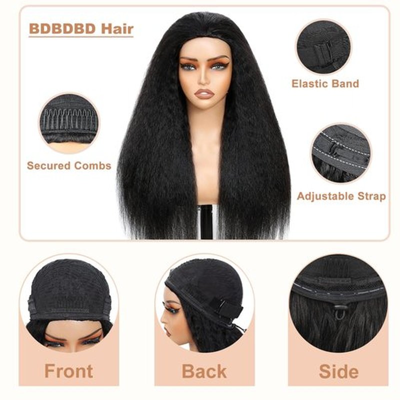Kinky Straight Half Wig Human Hair 200% Density 3 In 1 Wear and Go Glueless Wigs Human Hair Half Wig Kinkystraight Seamless Flip Over Wig Human Hair Glueless Beginner Friendly Natural Black 14 Inch