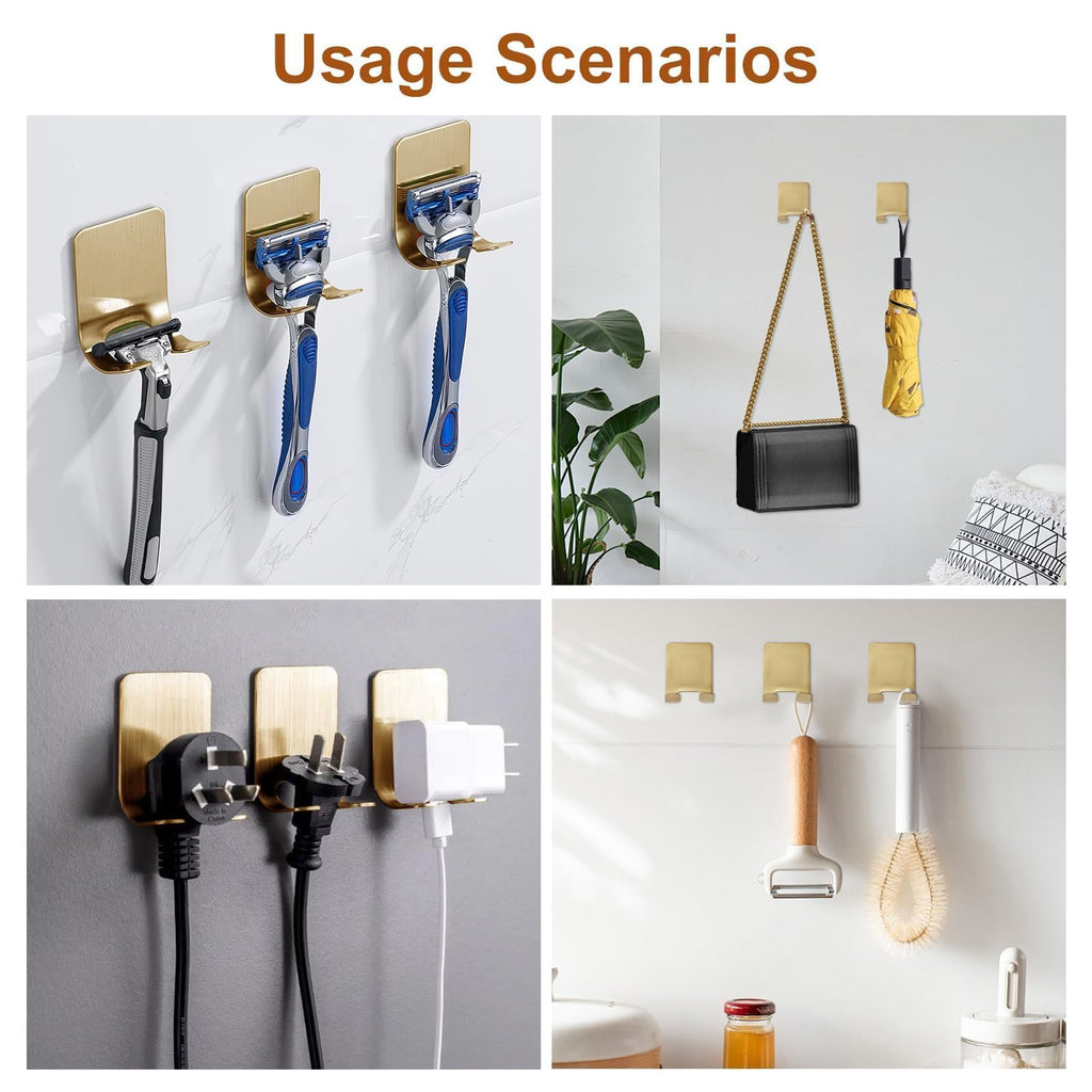 4 Pcs Gold Razor Loofah Holder for Shower Self Adhesive Waterproof Shaver Hooks Waterproof for wall Metal Heavy Duty Utility Storage Hanger Hooks Holder for Towels Accessories Kitchen Bathroom (Gold)
