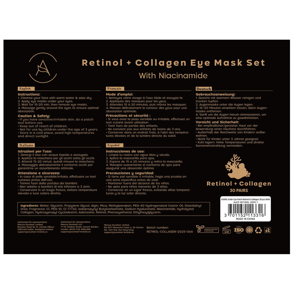 AURAE Retinol & Collagen Under Eye Patches (30 Pairs) - For Dark Circles & Puffy Eyes - Eye Care Mask