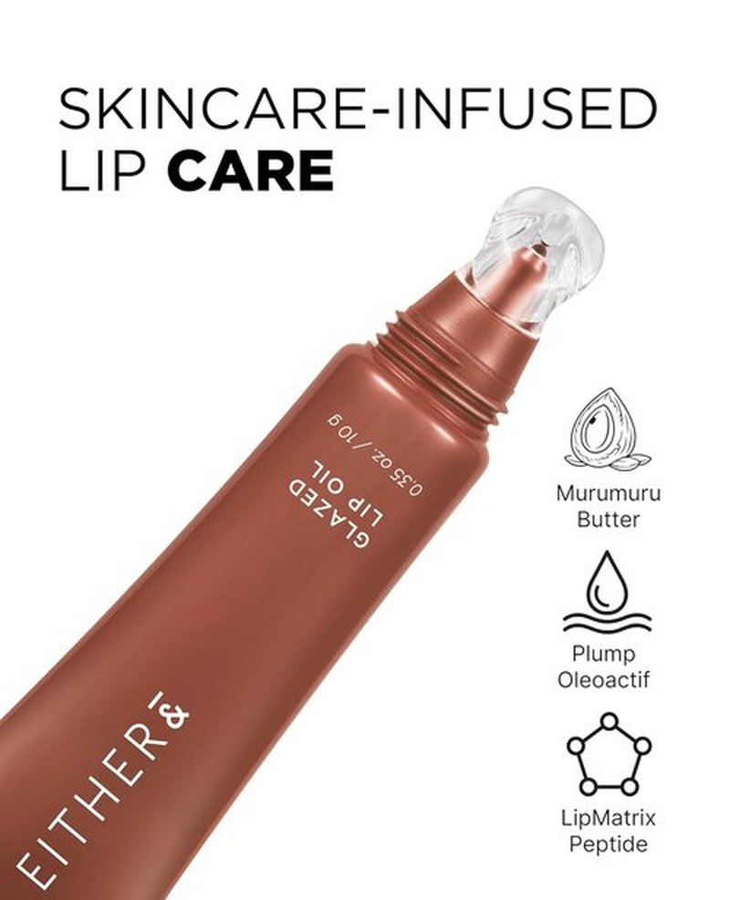 EITHER& Glazed Lip Oil - Glossy Tinted Moisturizer with Peptides for Dry Lips | 10g Lucent