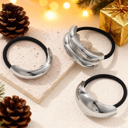 3PCS Silver Hair Ties, Metal Hair Ties for Thick Hair, Elegant Durable Geometric Design, Silver Hair Accessories Stretchy and Non-Damage Ponytail Holders, 3 Styles in Box Gifts Holiday