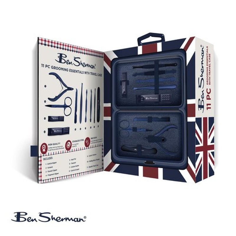 Ben Sherman Nail Clippers for Men Travel Size Nail Clipper Set, 11 Pcs Mens Nail Grooming Kit Includes Nail Clippers, Scissors, Tweezers and Traveling Case