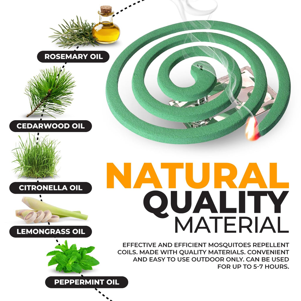 Natural Essential Oil Scented Coils - Outdoor Use Reaches Up to 10 feet - Each Burns for 5-7 Hours (20 coils & 8 Coil Stands) for Patio Backyard
