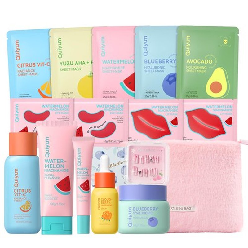 QUIYUM Fruit Skincare Set - with Pink Plush Makeup Bag & Strawberry Nail Art, Hydrating Moisturizing Glowing Oil Control Facial Care, Spa-Like at Home, Perfect Teen Girl Gifts Trendy Stuff