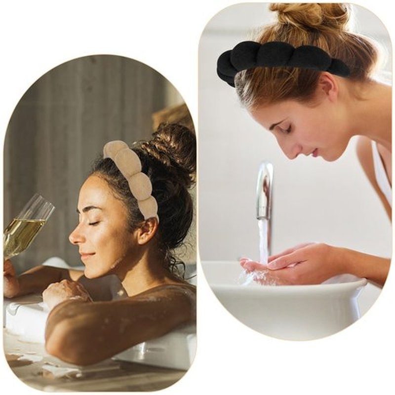AMCAMI Puffy Spa Headband for Women Sponge Headbands for Girls 2 PCS Terry Towel Cloth Fabric Head Band for Skincare,Makeup Removal,Face Washing,Facial Mask,Shower,Hair Accessories（Black&Light Coffee）