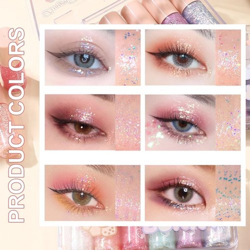 MooGlamor 6 Pcs Liquid Glitter Eyeshadow Set Colorful Eyeliner with Long-Lasting and Waterproof Shinning Eye Shadow Gift for Women Eye Makeup (Transparent Bear)