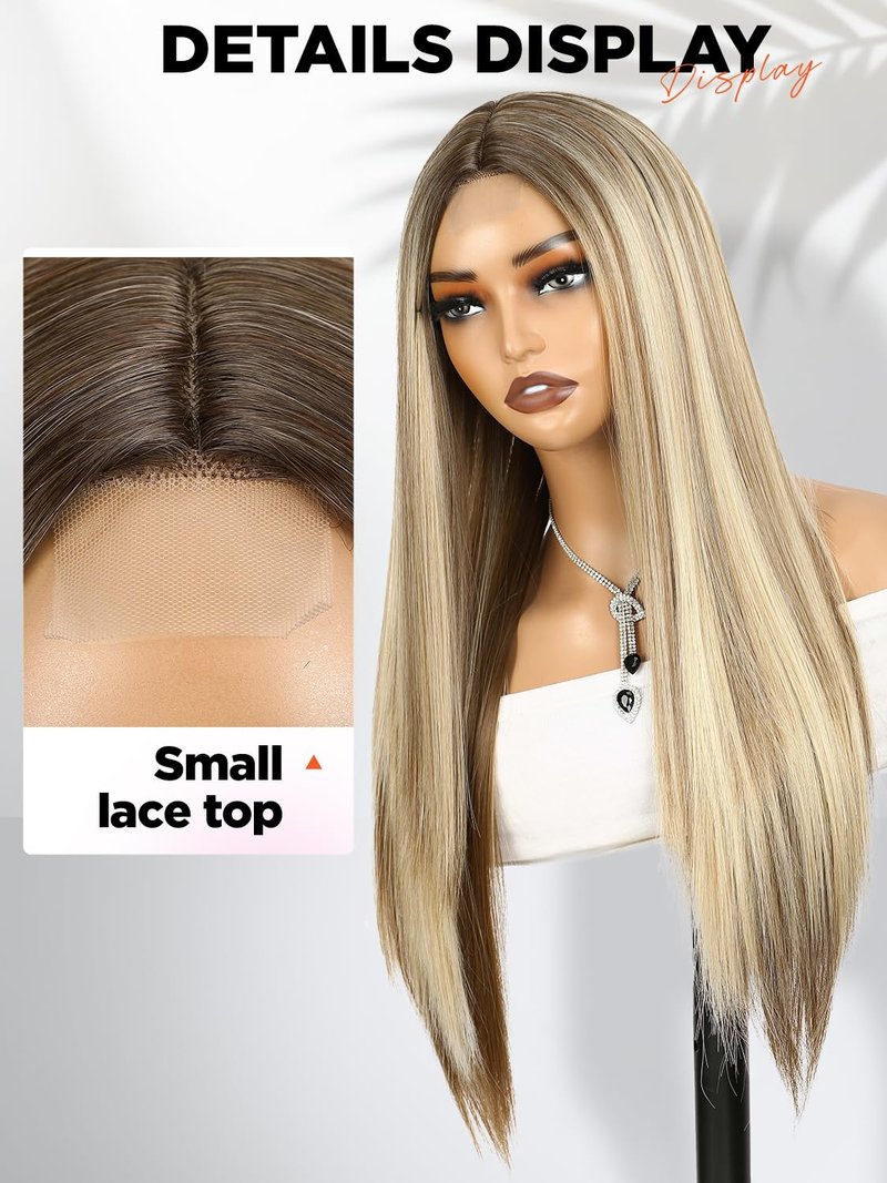 WIGRE Long Straight Wig 26 Inches Middle Part Mix Blonde Wigs for Women Daily Use Ombre Brown Highlight Honey Blonde Wig Synthetic Heat Resistant Hair for Valentine's Day/Music Festival/Carnival