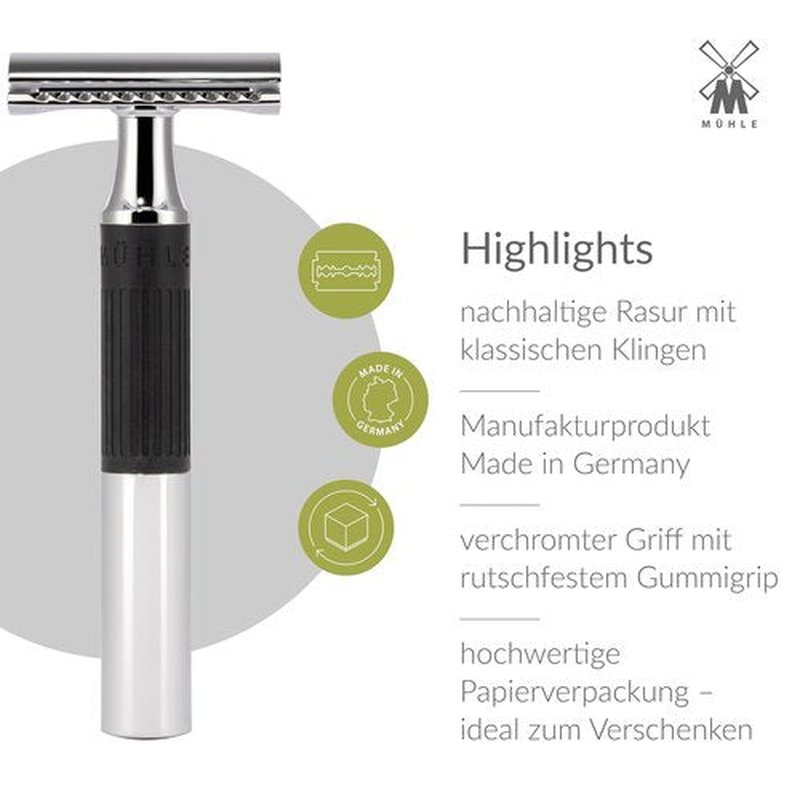 MÜHLE NEO Safety Razor - Eco-Friendly Double Edge Razor for Beginners & Pros | Chrome with Black Grip