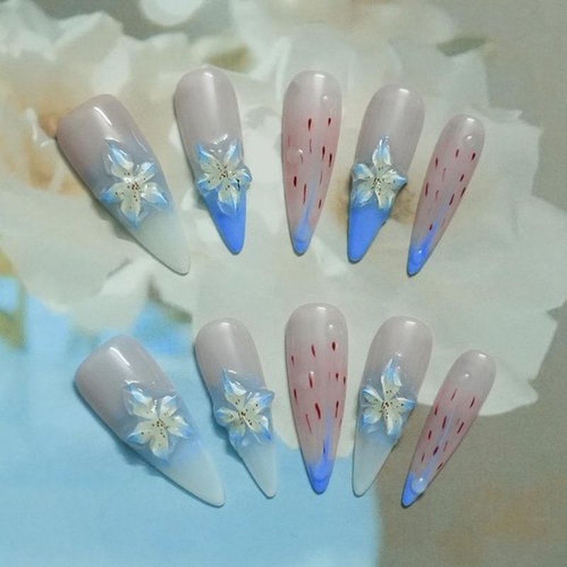 Tesytto 3D Floral Press On Nails Long Stiletto Fake Nails – Elegant Handmade Ombre Nail Art with Lilies Flowers Designs, Multi-Layer Gel Reusable Acrylic Nails for Women (3D Lily Ombre, M)