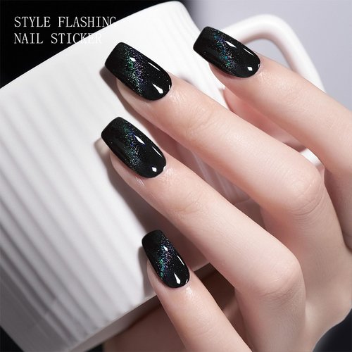 JMEOWIO Gel Nail Stickers Halloween Black Cat Eye Semi Cured Gel Nail Strips Wraps UV/LED Nails Art Design Decoration Accessories