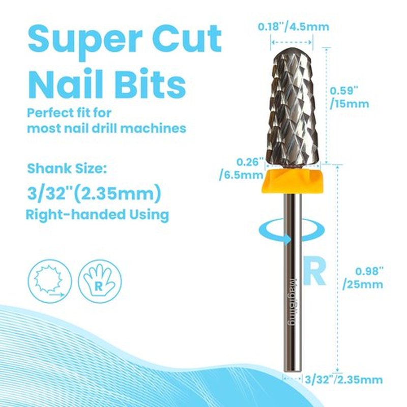 2XC 6.6mm Super Cut Tapered Barrel Nail Drill Bit, 3/32” Round Top Tungsten Carbide Efile Bit, Upward Deep Cut for Fast Gel & Acrylic Removal, Right-Handed Professional Manicure Tools, Double Coarse