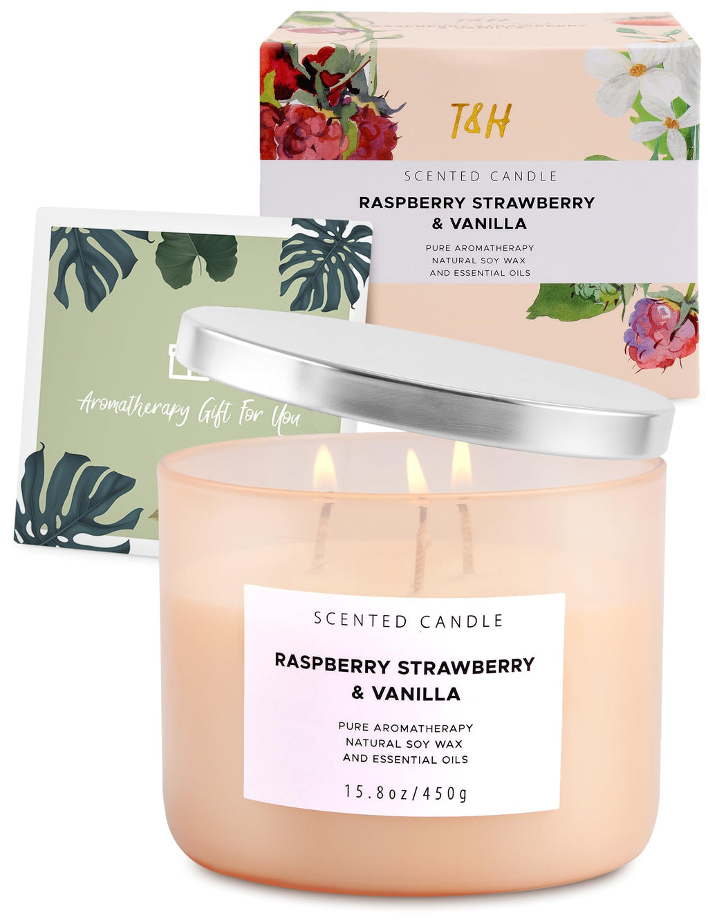 Raspberry Strawberry Vanilla 3-Wick Scented Soy Candle 15.8 oz | Large Sweet Berry Vanilla Scented Candle for Home | Relaxing Aromatherapy Candle | Strong Throw & Long Lasting