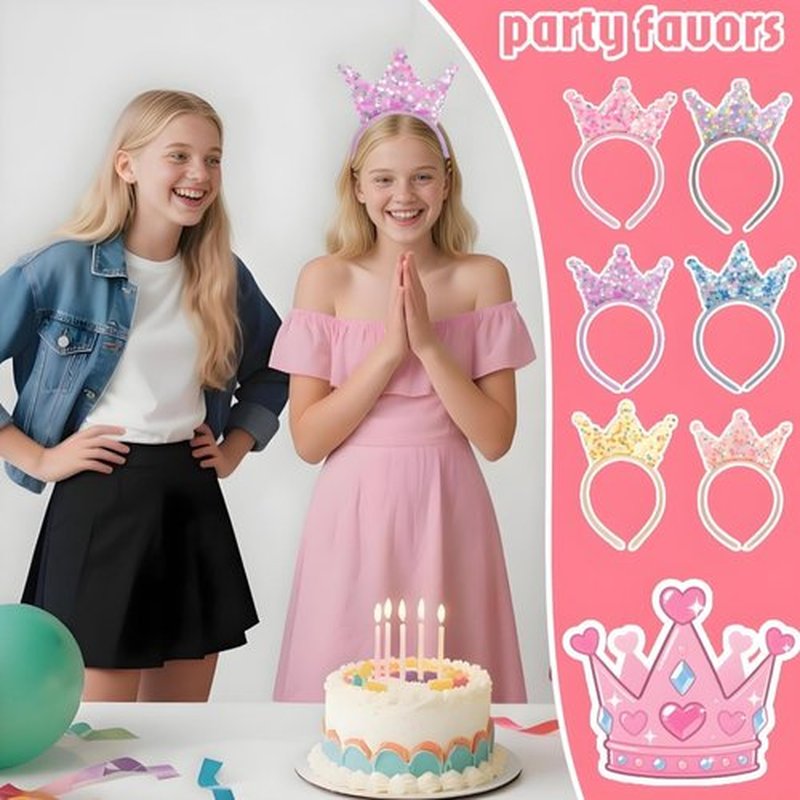 Acshio 12 Pack Princess Crown Headband, Glitter Sequin Crown Headband, Shiny Tiaras and Crowns Hair Accessories for Birthday Party, Gifts