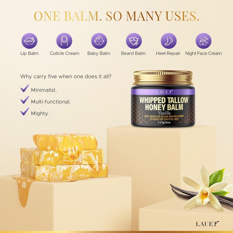 Whipped Tallow Honey Balm Soft Smooth Skin Face 100% Grass-Fed Beef Tallow Body Butter Raw Honey All Skin Type Natural Vanilla Moisturizer for Eczema Rashes Dry Skin Sunburn Treatment for Women