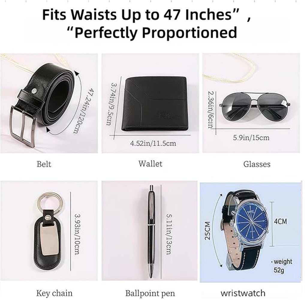6-Piece Black Men's Set - Sunglasses, Wallet, Watch, Belt, Pen, Key Ring