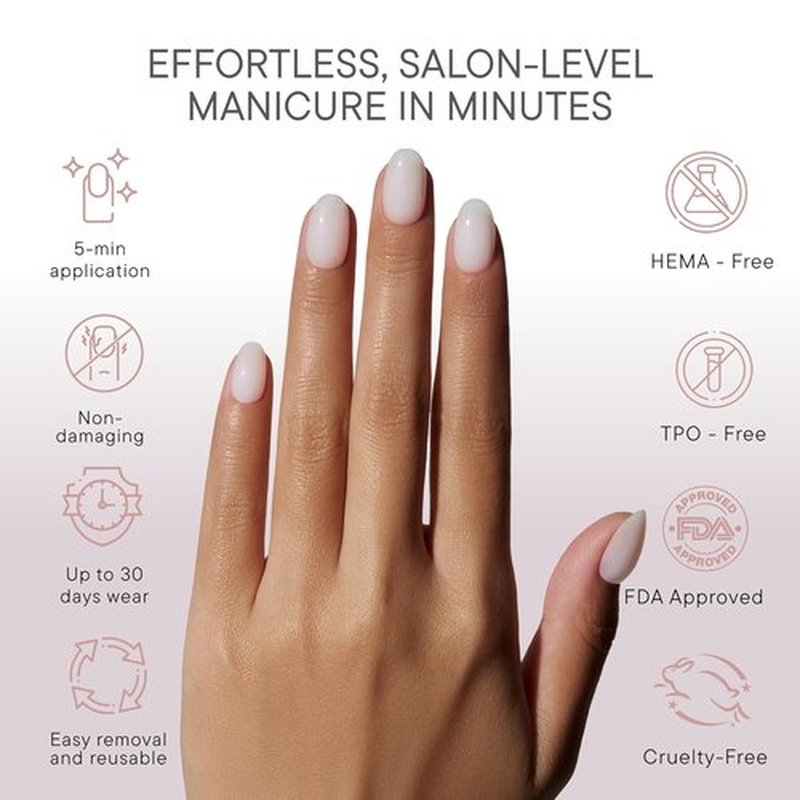 **Celebritips Press On Nails - Salon U-ltimate™ Sheer Milk | Extra Short Round, Reusable | 32 Nails Kit with Glue**