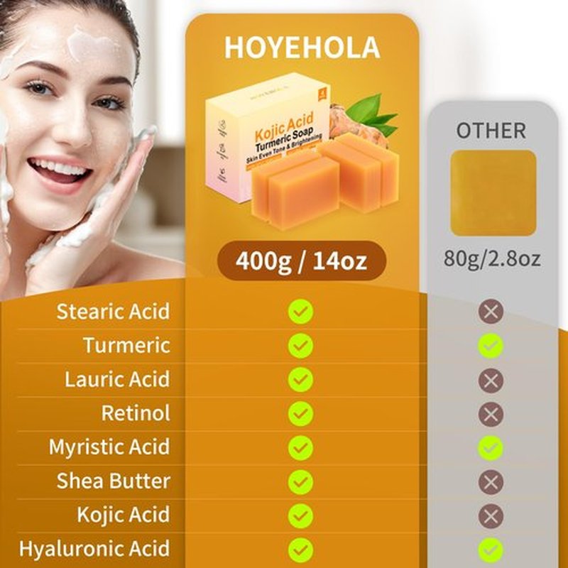HOYEHOLA Kojic Acid Turmeric Soap Bar - Dark Spot Remover for Face Even Skin Tone, Moisturizing & Nourishing Natural Ingredients 4Packs