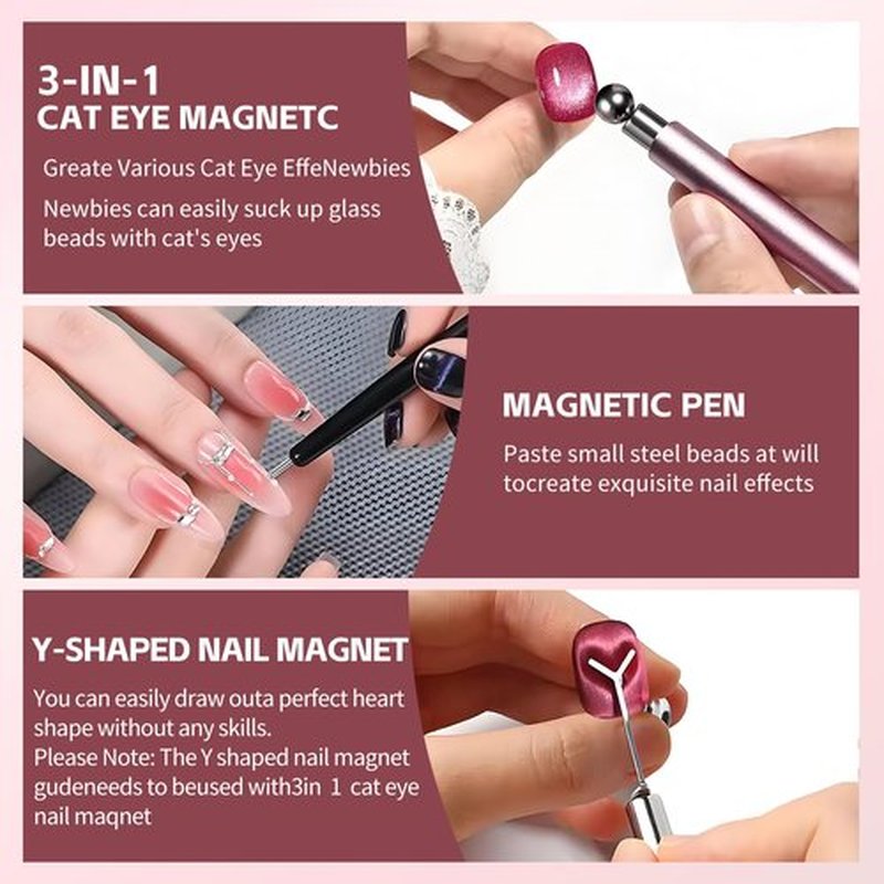 uadbau 4-Piece Cat Eye Magnet Set – Black Bead-Attracting Nail Magnet Pen & Heart-Shaped Magnet for Nails, Nail Magnets for Nail Art, Cat Eye Magnet for Nail Art, Perfect for Home DIY, Nail Art Design