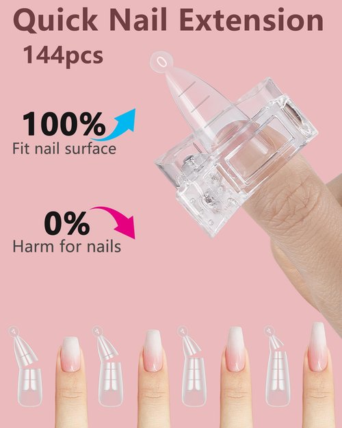 144 Pcs Nail Forms, MORGLES 2 Sizes Poly Extension Gel Dual Forms, Coffin Nails Extension with Stiletto Shape Molds, 10 Pcs Clips with Files for Home & Salon