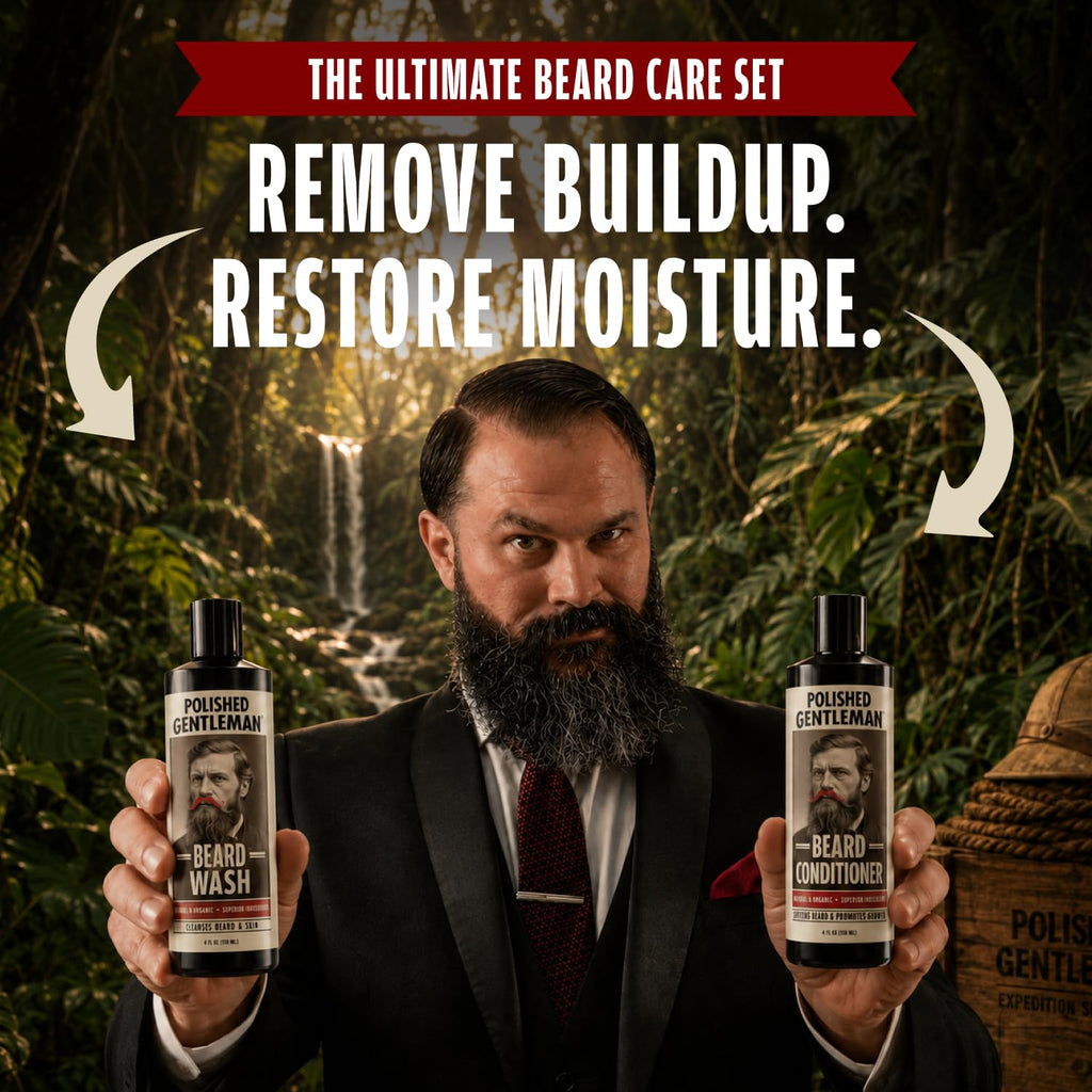 Polished Gentleman Beard Wash & Beard Conditioner Set - Biotin, Tea Tree, Aloe Vera, Manuka Honey & Argan Oil – Softens, Smooths & Hydrates Facial Hair – Paraben & Sulfate Free Shampoo Made in USA 8oz