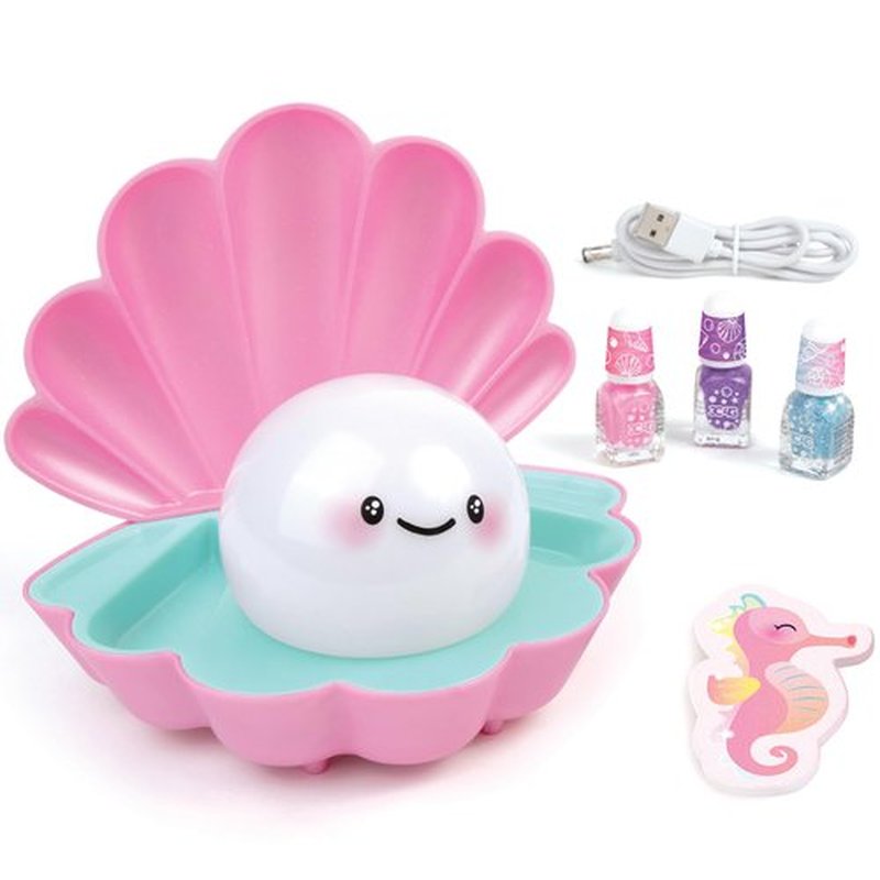 3C4G: Pearl Perfect Light-Up Nail Dryer - 6pc, Pink Shell Shaped Manicure Kit, Built-in Fan, 3 Nail Polishes, Seahorse Filer, Tweens-Girls-Kids 8+