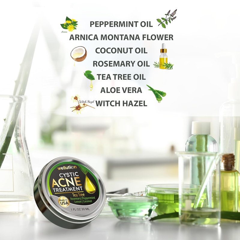WELLUTION Cystic Acne Spot Treatment - Fast-Acting Tea Tree Acne Cream for Pimples & Blemishes - 1oz