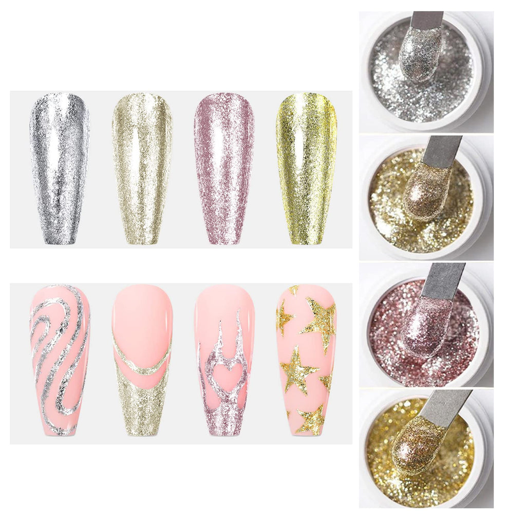 VERONNI Glitter Gel Nail Polish Chrome Platinum Glitter Gel Nail Polish Set, Sparkly Shiny Silver Gold Pink Champagne 4 Colors Nail Art Painting Drawing Home DIY Manicure Nail Salon