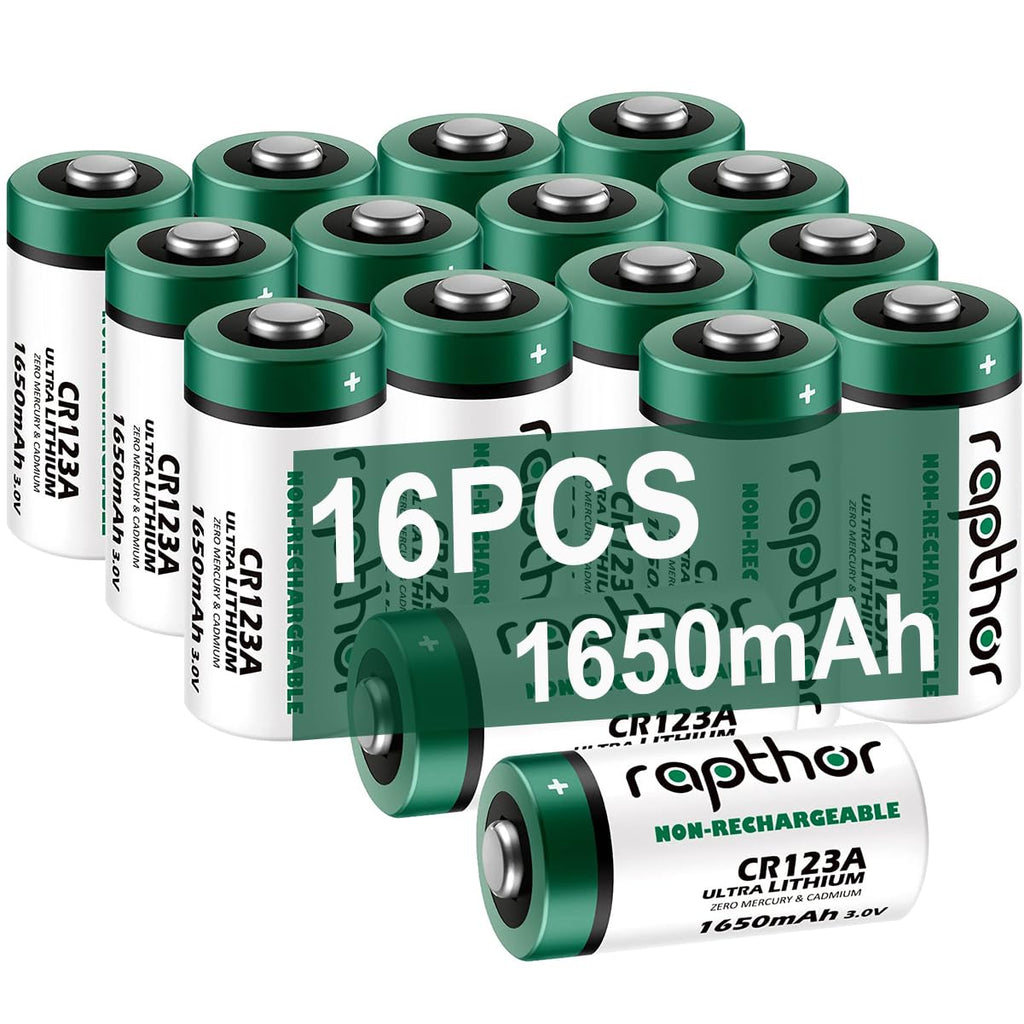 rapthor CR123A 16pack Lithium Batteries 1650mAh High Power UL Certified 3V Non-Rechargeable Battery with Built-in PTC for Flashlight Toys Alarm System Microphones (Not for Arlo)