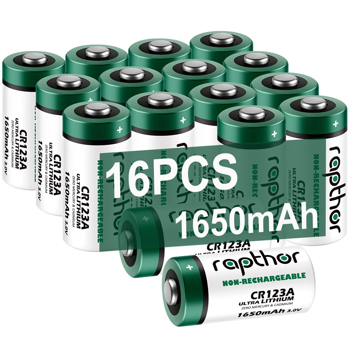 rapthor CR123A 16pack Lithium Batteries 1650mAh High Power UL Certified 3V Non-Rechargeable Battery with Built-in PTC for Flashlight Toys Alarm System Microphones (Not for Arlo)