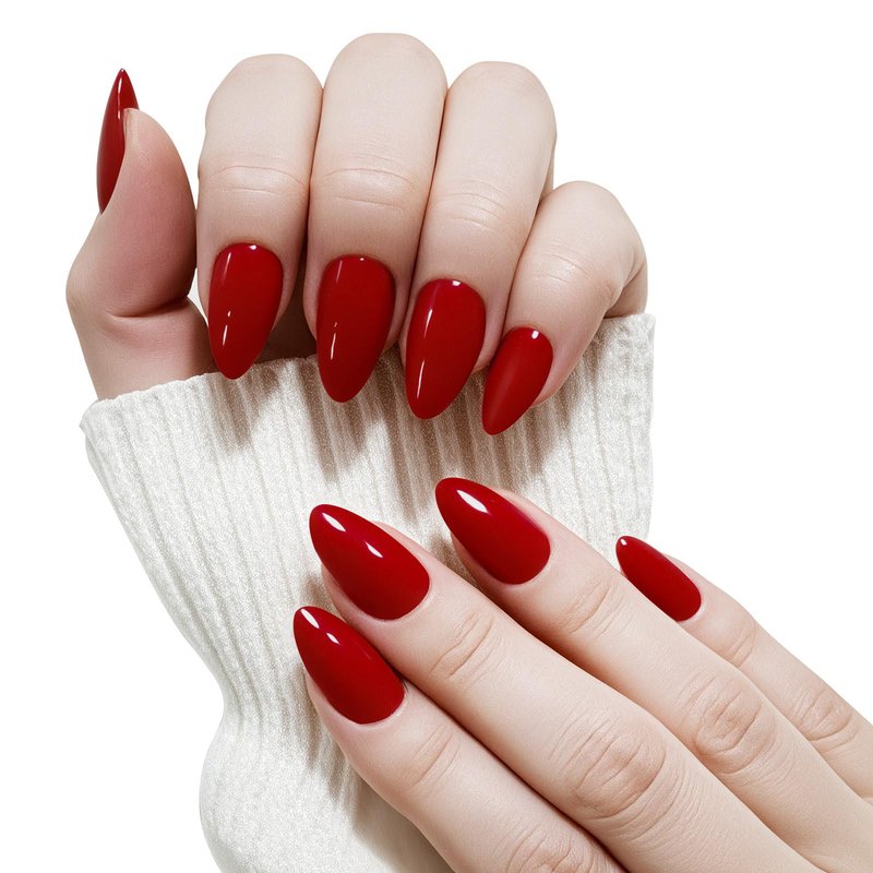 Yersunsy Short Almond Press On Nails, Durable Reusable Glossy Artificial Nails Kit with Adhesive Tabs, 24 Pcs 12 Sizes for Fashion Women, Perfect for for Daily Outfits, Party or Date, Red