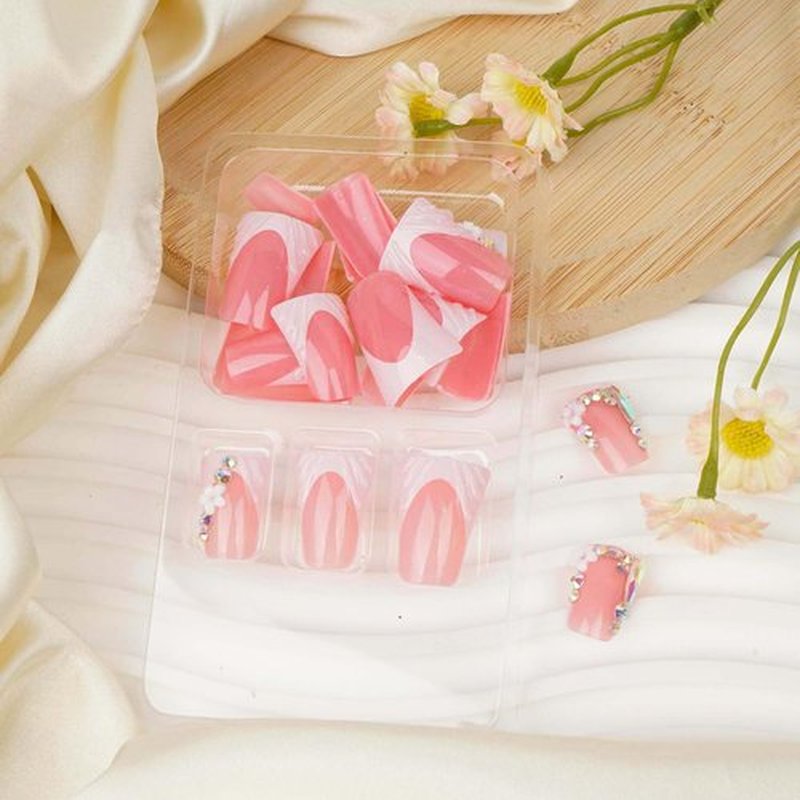Lomxene Duck Press On Nails Medium Duck Nails Press On French tip fake nails 3d Rhinestones Nails Press Ons wave Glue On Nails Acrylic Nails Artificial Nails For Woman 24pcs(Duck french)