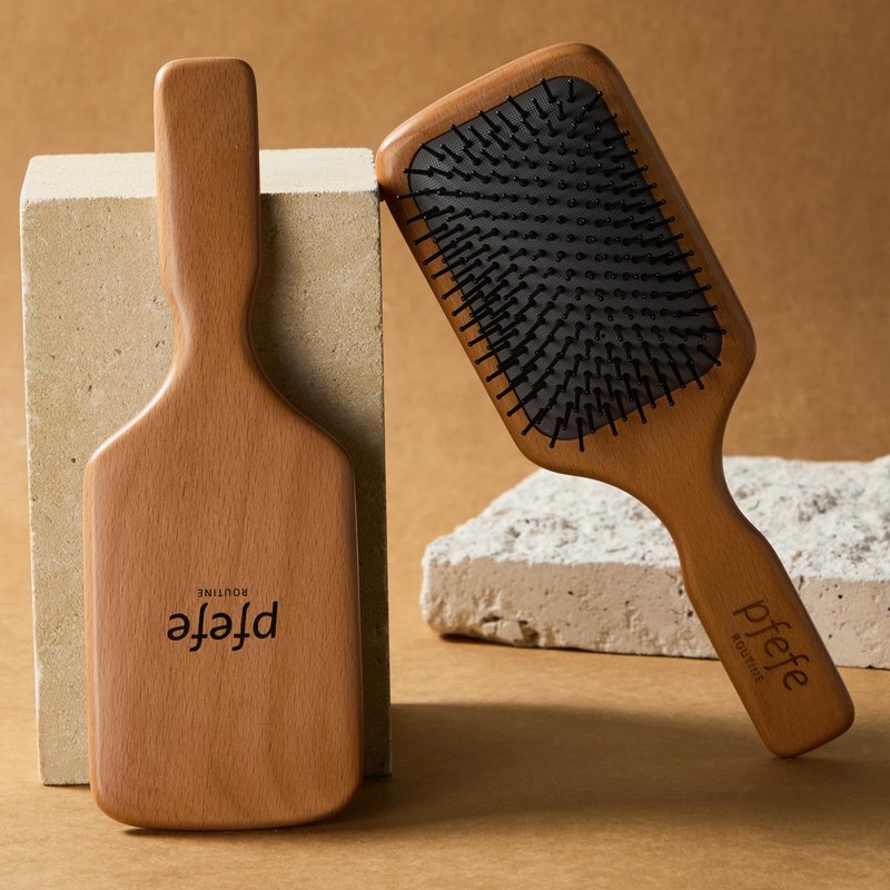 Wooden Paddle Hair Brush - Square Detangling Reducing Breakage Hairbrush for Men & Women, Beechwood Air Cushion Brush with Travel Bag for Thick, Curly, Wet, Dry Hair